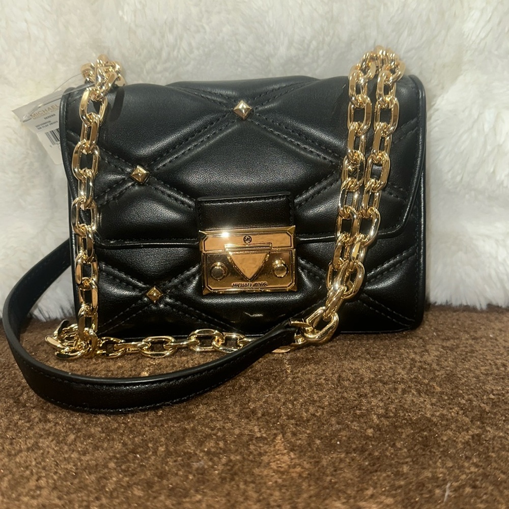 NWT MICHAEL Michael Kors black leather Serena small flap crossbody.